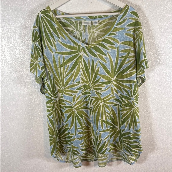 Sigrid Olsen Leaf Print Linen V Neck Tee Size 3X - Picture 1 of 5